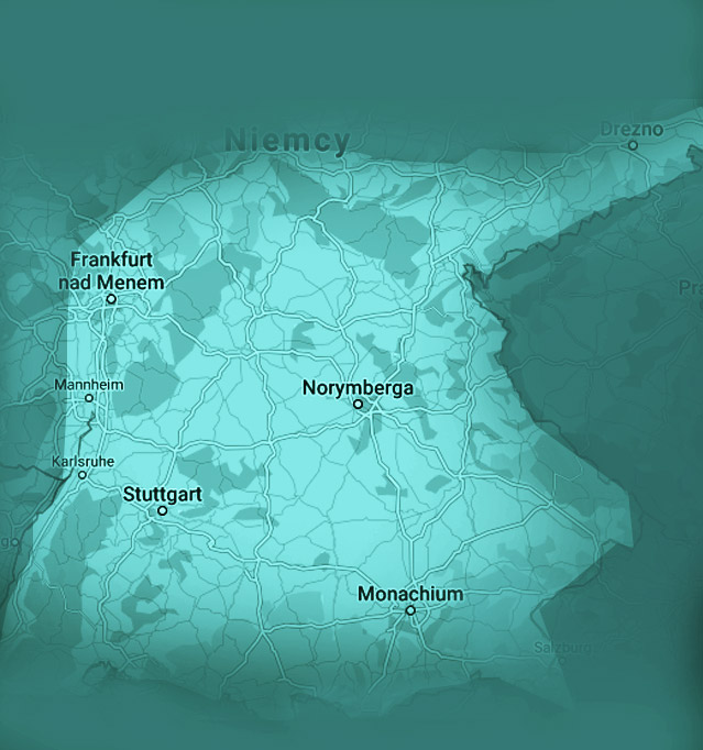 Mapa obszaru obsługi Swissline — Niemcy. Dokładny adres wymaga potwierdzenia telefonicznego.