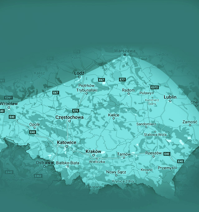 Mapa obszaru obsługi Swissline — Polska. Dokładny adres wymaga potwierdzenia telefonicznego.